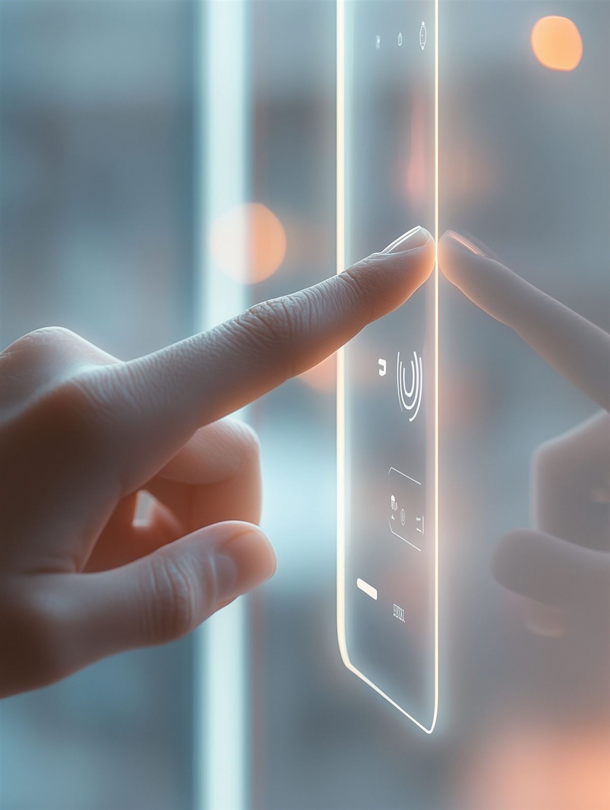 Hand touching a futuristic transparent touchscreen